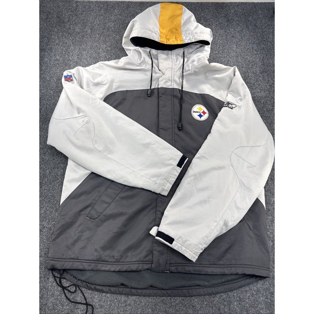 Reebok Pittsburgh Steelers Jacket Mens XL Hooded Fleece Lined Gray White Yellow